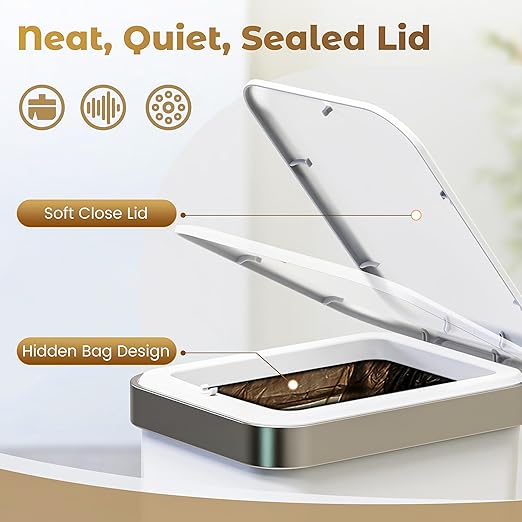 Small Bathroom Trash Can with Lid Soft Close, 10 Liter/2.6 Gallon Slim Garbage Can-Metal Step and Press top Lid, Mini Modern Waste Basket for Toilet, Office, Bedroom,Dorm,Grayish-White