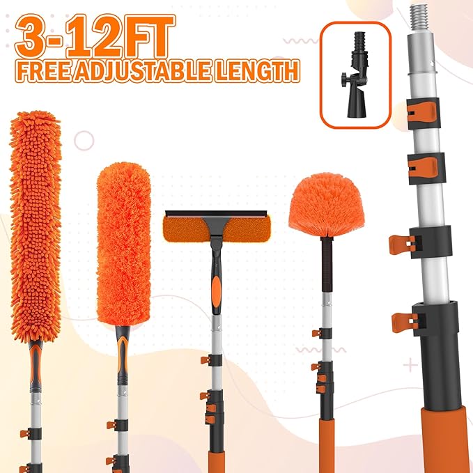 20FT High Reach Duster Cleaning Kit with Extension Pole, High Ceiling Fan Cleaner Duster Tool for Fan Blades, Window Washing Kit with Microfiber Feather Duster & Window Squeegee