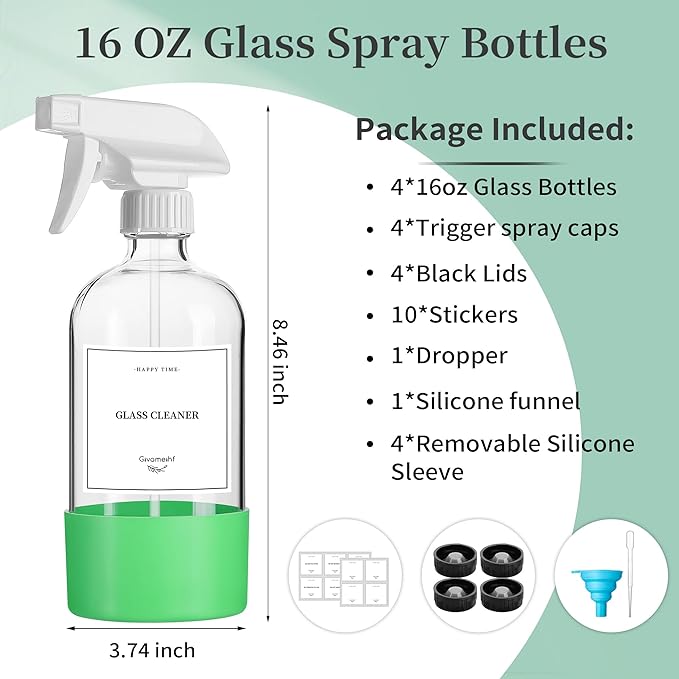 4 Pack Glass Spray Bottles with Silicone Sleeve,16oz Clear Glass Spray Bottles Refillable Empty Bottle with Adjustable Nozzle,Spray Bottle for Cleaning Solutions,Essential Oils,Pets,Hair