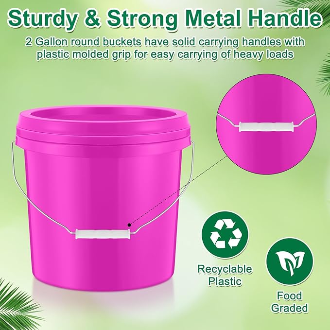 Tioncy 10 Pcs 2 Gallon Plastic Bucket with Lid Heavy Duty 2 Gallon Bucket Pail with Lid Handle for Storage Container Home Household Cleaning (Pink)