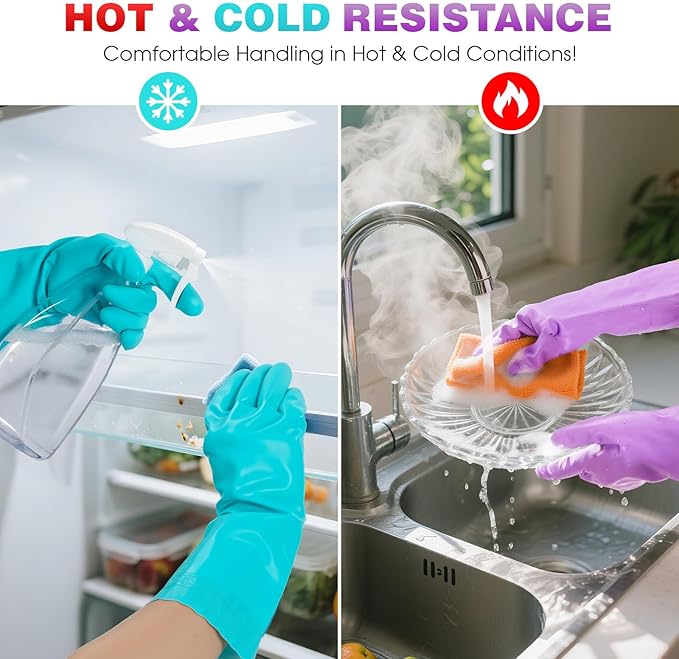 Elgood Reusable Dishwashing Cleaning Gloves with Latex free, Cotton lining,Kitchen Gloves 2 Pairs,Purple+blue Medium