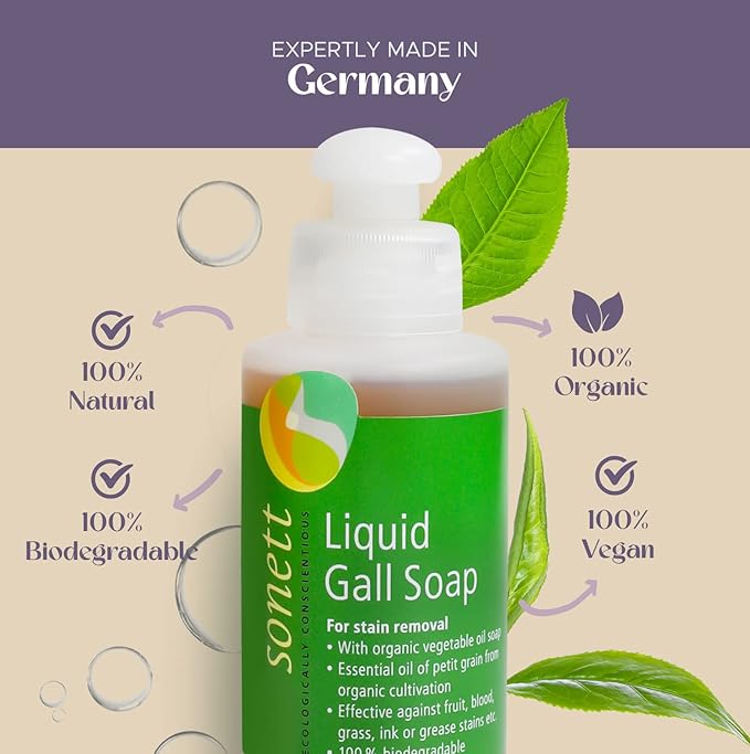 Sonett Organic Liquid Stain Remover For Clothes- Concentrated Laundry Stain Remover Detergent Gall Soap For Deep Cleaning- Highly Effective Against Ink, Blood, Grease, Fruit Stains- 4oz, Pack of 2