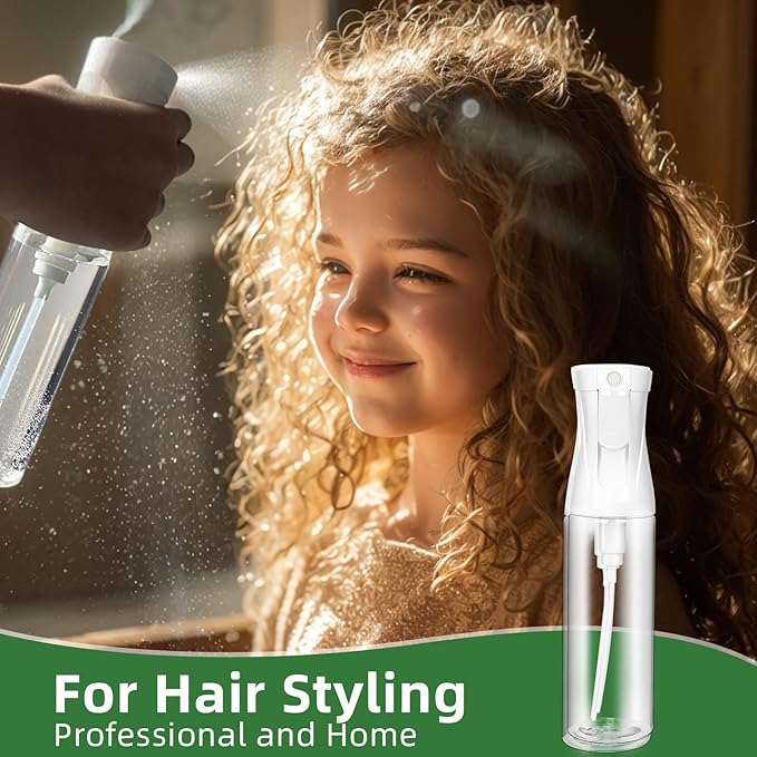 2-Pack Continuous Fine Mist Spray Bottle for Hair - Patented Ultra-Fine Mist for Hairstyling, Cleaning, Plants, and More - BPA-Free, Leak-Proof, 360° Spray, Durable - White (300 ml/10.1oz)