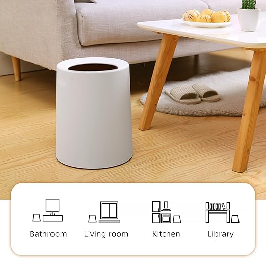 2 Pack Round Modern Trash Can Bedroom, 3Gal/12L Bathroom Trash Can Hidden Bag, Open Top Trash Bin Round Plastic, Minimalist White Garbage Can with Inner Bucket (with 2 Handles) for Kitchen Office