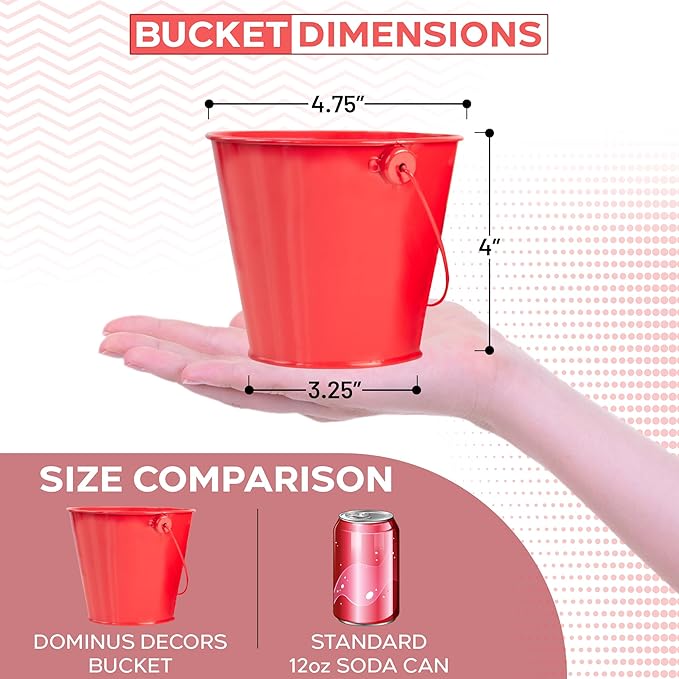 Small Metal Buckets with Handles - Leak-Proof Metal Pail Bucket - Galvanized Bucket with Handle - Multipurpose Tin Bucket for Party Favors, Organization, School, Weddings, Garden - Set of 6, Red
