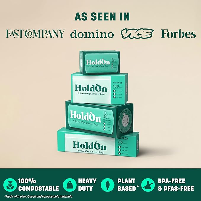 HoldOn Household Staples Set – Heavy duty, PFOA-Free, Compostable 13-Gallon Tall Kitchen Trash Bags, 4-Gallon Small Trash Bags, Gallon ZipSeal Bags and ZipSeal Sandwich Bags