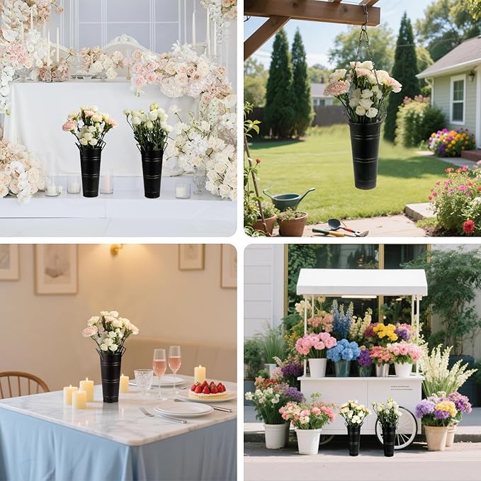 8 Pcs Galvanized Bucket Flower Bar, 9 Inch Flower Bucket and Metal Vase with Handles, Flower Bar Supplies and Buckets Farmhouse Vases for Wedding and Cut Flower (Black, 8 Pcs 9inch)