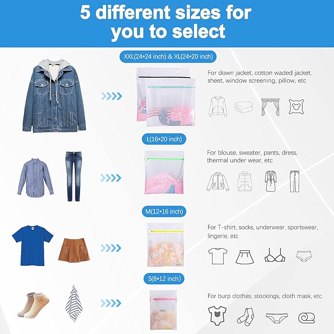 GOGOODA 5 Pack Mesh Laundry Bags, Delicates Washing Bags for Sweater Blouse Hosiery Bras Premium Wash Bags for Travel Storage Organization (5 Set)