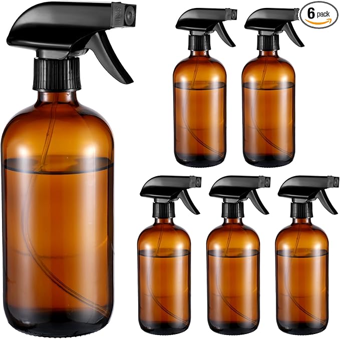 6 Pack Amber Glass Spray Bottles, Refillable 16 oz Empty Bottle with Durable Adjustable Nozzles for Cleaning Solution, Spray Bottles for Hair, Plants, Cleaner, Essential Oil