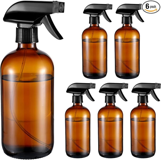 6 Pack Amber Glass Spray Bottles, Refillable 16 oz Empty Bottle with Durable Adjustable Nozzles for Cleaning Solution, Spray Bottles for Hair, Plants, Cleaner, Essential Oil