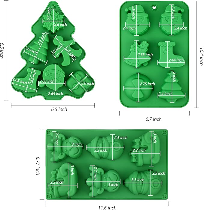 HUAKENER 3 Pack Christmas Soap Molds, Large Size Xmas Silicone Mold for Handmade Soap, Mini Cakes, Chocolate, Candy, Jello
