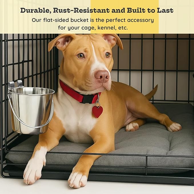 4 Quart Stainless Steel Flat Sided Bucket with Dual Hooks | Durable Food & Water Bowl for Dogs, Cats, Goat & Livestock | Fits kennel Cage Critter Crate Hanging Pet Pail | Multipurpose use