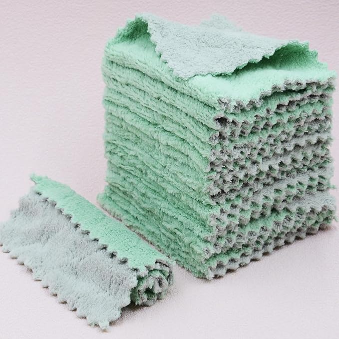 24PCS Kitchen Dishcloth, Microfiber Washcloth, Soft Cleaning Cloths, Coral Fleece/Lint Free/Absorbent/Quick Dry/Nonstick Oil Rags, Reusable Washable Tea Towel, 6''x10'‘ (Green)