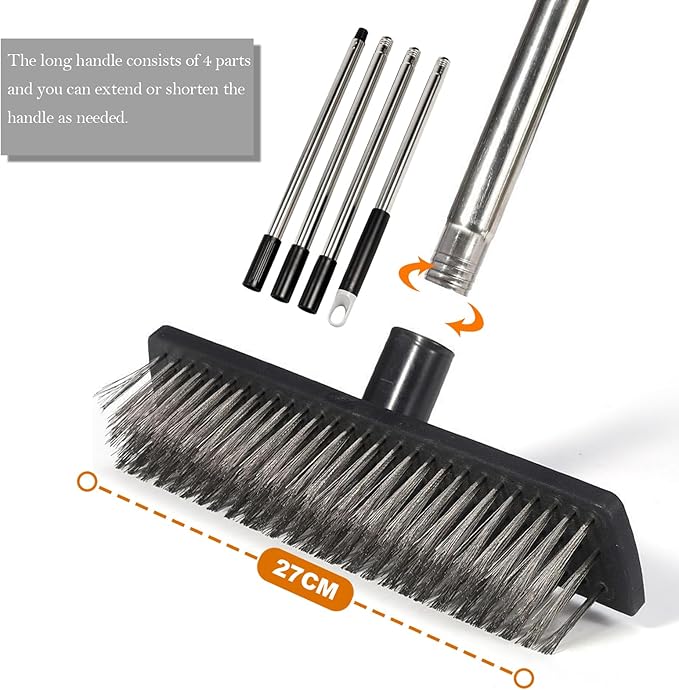 Deck Brush Steel Wire Broom with Long Handle Stiff Scrub Brushes for Cleaning Boat Patio Concrete Moss Remover