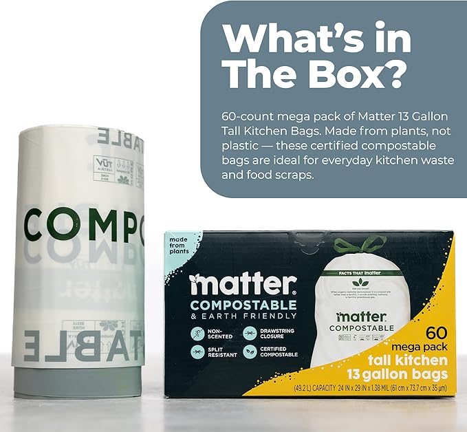 Matter Compostable 13 Gallon Tall Kitchen Trash Bags with Drawstring, Eco-Friendly, Unscented, Durable, Leak-Resistant, 60 Count