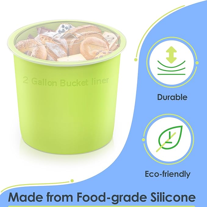 Silicone 2 Gallon Bucket Liner with Lid - Airtight Food Storage Containers with Lids, Kitchen and Pantry Organization Canisters for Bulk Food, Pet Supplies, and Dry Goods