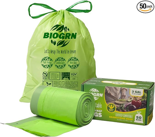 2.6-3 Gallon Compostable Trash Bags Drawstring 50 Bags Extra Thick 1 Mil 11.36 Liter Small Biodegradable Trash Bags for Kitchen Countertop Bin ASTM D6400, US BPI and OK Compost Home Certified