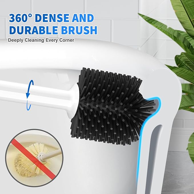 Toilet Plunger and Brush, Silicone Bowl Brush and Heavy Duty Toilet Plunger Set with Ventilated Holder, 2-in-1 Toilet Brush and Plunger Combo for 5.3-inch Bathroom Cleaning (White, 1 Set)