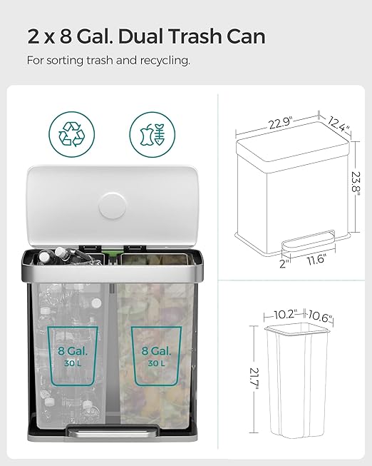 SONGMICS Kitchen Trash Can, 16 Gallon (2 x 8 Gallon) Dual Compartment Garbage Can, 60L Pedal Recycling Bin, Stays Open and Soft Close, Stainless Steel, 15 Bags Included, Cloud White ULTB202W01
