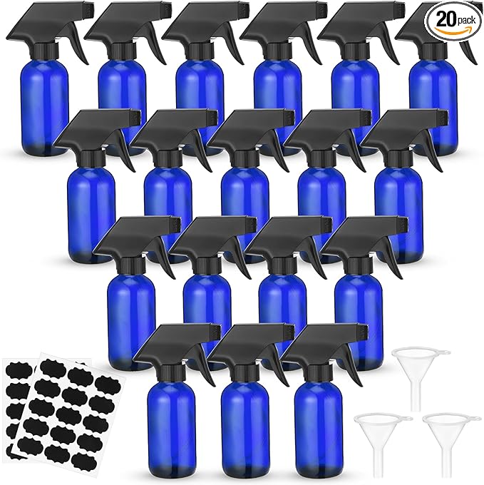 Fumete 20 Pcs 4 oz Glass Spray Bottles Empty Refillable Sprayer Containers with Funnels Labels Black Trigger Sprayers Spray Bottles for Essential Oil DIY Kitchen Hair Plants(Blue)