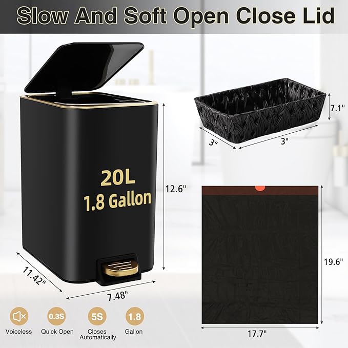 Small Bathroom Trash Can with Lid Soft Close, 1.8 Gallon Stainless Steel Garbage Can with Removable Inner Bucket,Wicker Storage Baskets,75Count Trash Bags, Slim Step Pedal Trash Bins