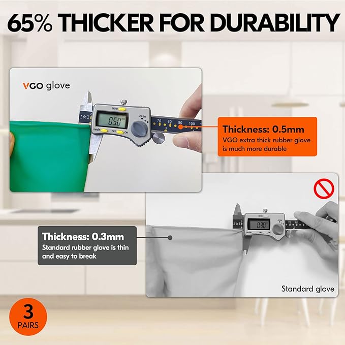 Vgo... 3-Pairs Reusable Household Gloves, Rubber Dishwashing gloves, Extra Thickness, Long Sleeves, Kitchen Cleaning, Working, Painting, Gardening, Pet Care (Size S, Green, HH4601)