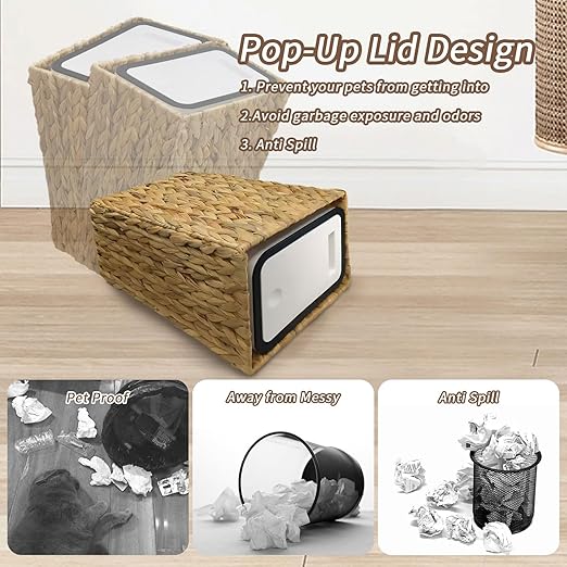 Wicker Trash Can,3 Gallon Wicker Waste Basket,Boho Handwoven Trash Can with Lid for Kitchen Bathroom Office