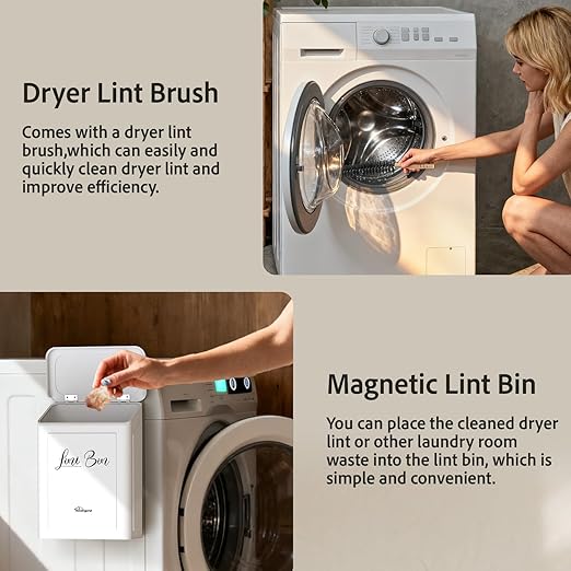 Sealegend Magnetic Lint Bin for Laundry Room with Dryer Lint Brush, Wall Mounted Metal Trash Can with Lid for Dryer, Space-Saving Laundry Organization and Storage, White