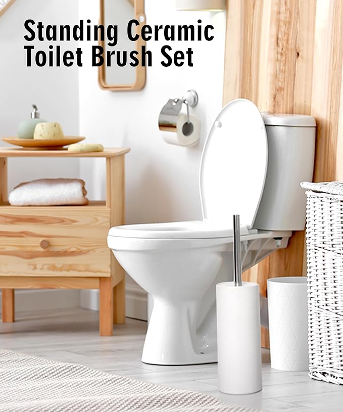 Matt White Ceramic Toilet Brush and Holder Set, Freestanding Toilet Bowl Cleaners Brush, Scrubber Brush for Toilet, Bathroom Accessories with Stainless Handle, Deep Cleaning