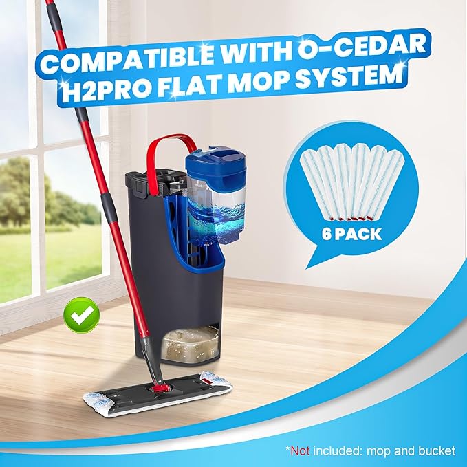 6 Pack Mop Replacement Pads for O-Cedar H2prO Flat Mop, Washable & Reusable Microfiber Mop Refills for O-Cedar Flat Mop System for Indoor and Outdoor Flooring, Bedrooms, Kitchens, Living Rooms