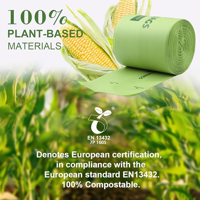 100% Compostable 1.6 Gallon Trash Bags, 6 Liter, 150 Count Kitchen Food Scrap Small Compost Bags for Countertop Bin with Europe EN13432 Certified