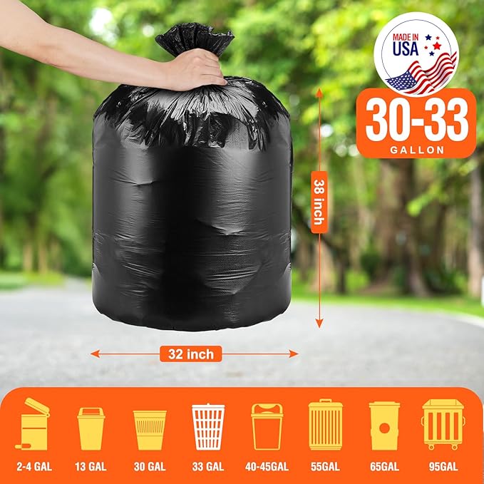 Delxo 30-33 Gallon Trash Bags, 250 Count – Medium Duty Garbage Bags, Thick, Durable & Puncture-Resistant Plastic Bolsas para basura, Perforated Design– Made in USA for Kitchen, Yard, Office (Black)