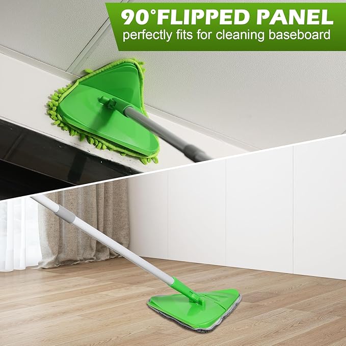 Wall Cleaner Triangle Mop with 82'' Long Handle - Wall Scrubber, Cleaning Washer Tool with 4 Microfiber Chenille Duster Pads for Clean Walls, Ceiling, Windows, Baseboards, Floors (Green)