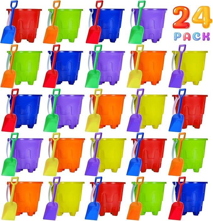 5 Inch Sand Castles Beach Buckets and Shovel Set,Sand Bucket Water Bucket for Beach Fun Great Summer Party Accessory（24 Shovels and 24 Pail Buckets）