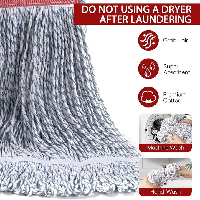 Matthew Cleaning Looped-End Pack of 12 Cotton,1.25'' Universal Headband Heavy Duty Commercial Mop Head Replacement for Indoor&Outdoor Use,Grease Stain Floor Cleaning String Mops Head Refill