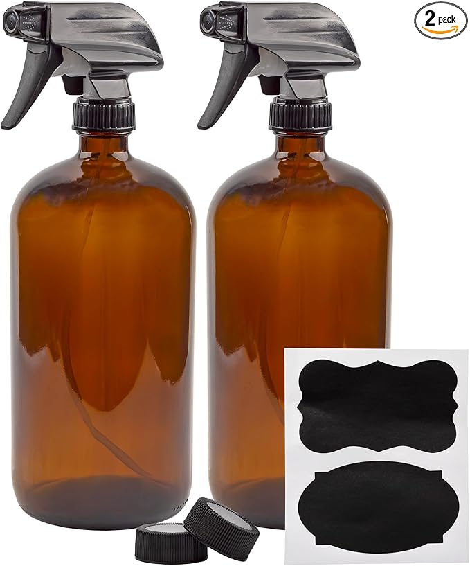Cornucopia 32oz Amber Glass Spray Bottles (2-Pack); Brown Bottles w/ 3-Setting Trigger Sprayers; Includes Caps for Storage