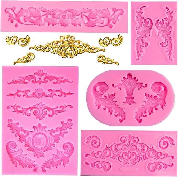 Rainmae 5 Pcs Baroque Style Curlicues Scroll Lace Fondant Silicone Mold, Relief Flower Lace Mould Filigree Mold 3D Sculpted Decoration, Cupcake Topper, Jewelry, Polymer Clay, Crafting Projects