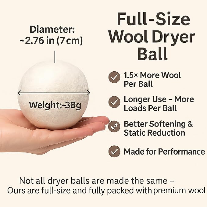 Wool Dryer Balls, Full-Size(Dia.~2.76 in), Reduces Drying Time, Reusable and Chemical-Free, Natural Fabric Softener, Sustainable Laundry Solution (6-Pack)