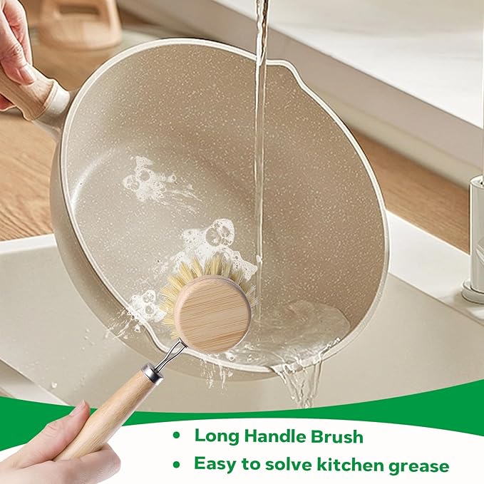 Bamboo Dish Brush Set - 5 Packs Natural Wooden Kitchen Brush, 4 Dish Scrubbers with One Replacement Head, Cleaning for Pots, Bottles and Vegetables