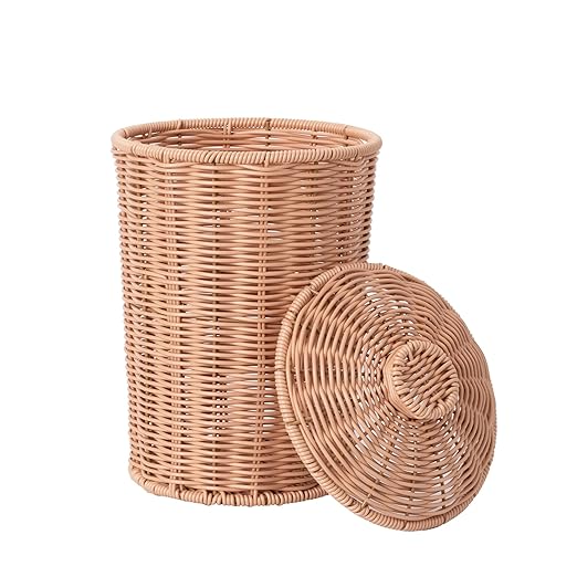 GRANNY SAYS Wicker Small Bathroom Trash Can with Lid, 2 Gallon Cute Decorative Waste Basket for Bedroom and Dorm, Office Garbage Cans for Under Desk, Mini Round Trash Bin for Decor, Nude Color