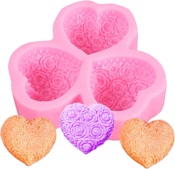 3-Cavity Heart Rose Flower Silicone Soap Mold Fondant Mold for Cake Decoration, Chocolate,Candle, Bath Bomb, Lotion Bar