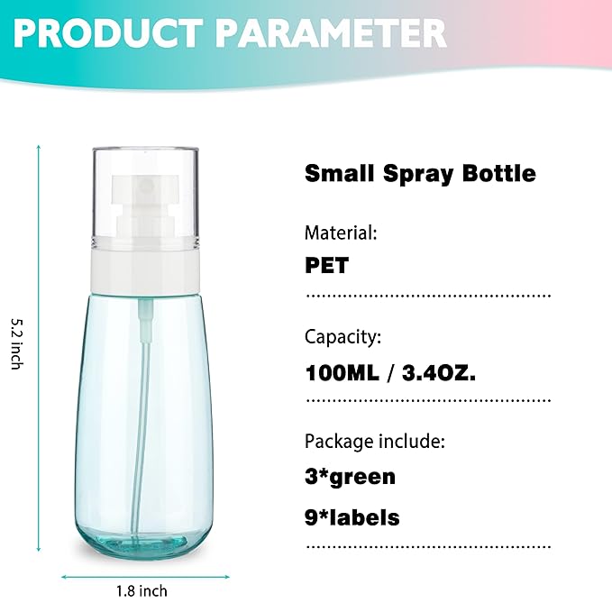 3 Pack 3.4oz/100ml Small Spray Bottle, Empty Plastic Spray Bottles, Fine Mist Travel Spray Bottle for Hair and Face, with 9pcs Labels