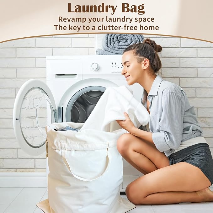 Canvas Laundry Bag with Handles & Drawstring Closure 27.5”x35", Thick Cotton Laundry Bag Heavy Duty Washable Dirty Clothes Travel Sack for Camp, College Dorm, Laundromat (Beige L, 2 Pack)