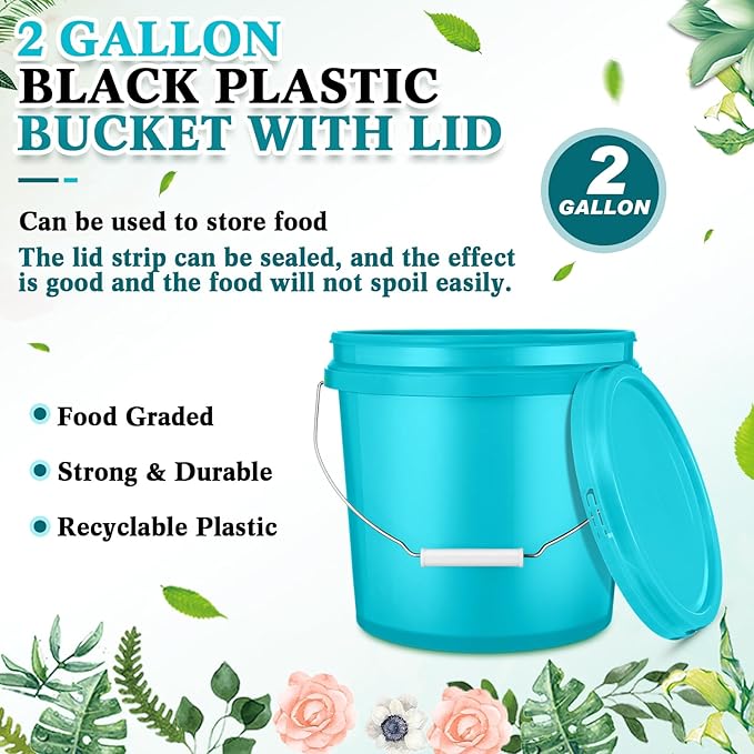 6 Pack 2 Gallon Plastic Bucket with Lid Heavy Duty Pail with Metal Handle Reusable Small Multipurpose Paint Buckets Container for Food Storage(Sky Blue)
