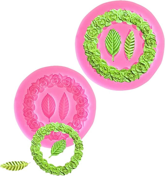 2pcs Round Rose Wreath Leaves Fondant Chocolate Candy Silicone Mold Cake Decorating Baking Pastry Tools Soap Resin Polymer Clay Mould