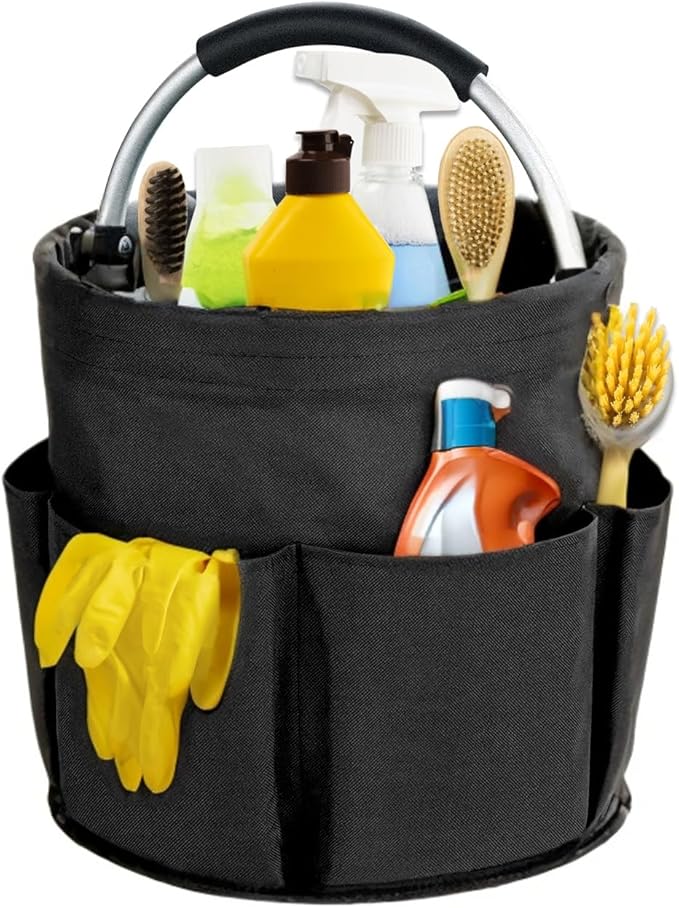 17L Cleaning Caddy with Handle, Cleaning Supplies Organizer, Foldable Storage Basket, Cleaning Supply Caddy, Portable Multi Cleaning Bucket Bag for Home, Garden (Black)