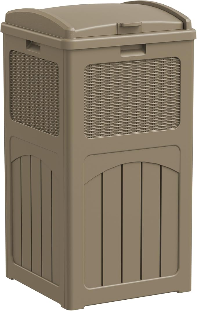 Greesum 33 Gallon Resin Outdoor Trash Can with Lid, Waterproof Resin Garbage Bin for Hideaway, Patio, Deck, Light Brown