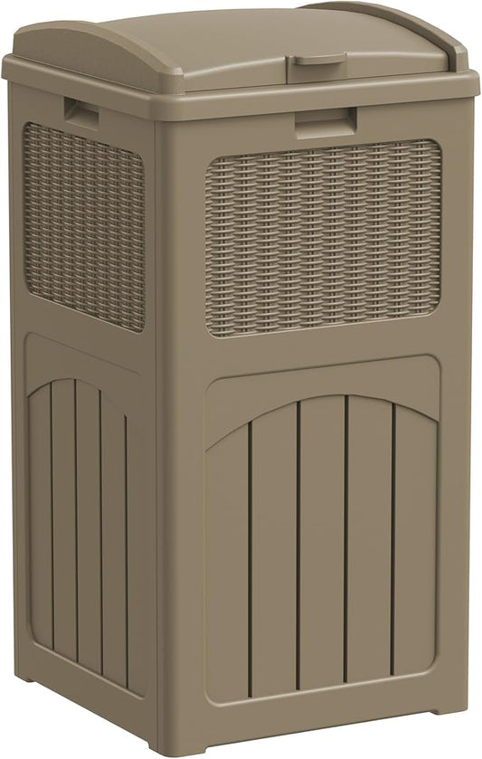 Greesum 33 Gallon Resin Outdoor Trash Can with Lid, Waterproof Resin Garbage Bin for Hideaway, Patio, Deck, Light Brown