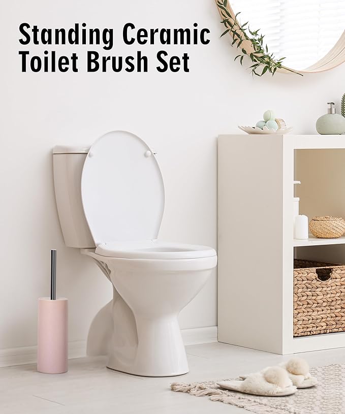Matt Pink Ceramic Toilet Brush and Holder Set, Freestanding Toilet Bowl Cleaners Brush, Scrubber Brush for Toilet, Bathroom Accessories with Stainless Handle, Deep Cleaning