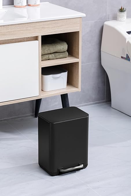 SunnyPoint 6 Liter(1.58 Gallon) Small Trash Can with Plastic Inner Buckets; Rectangle Bathroom, Office, Kitchen, and Bedroom Step On and Slow Close (BLK)